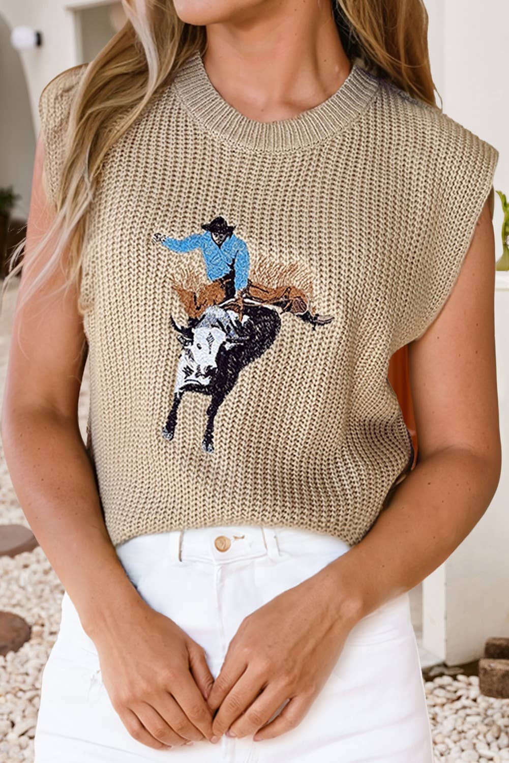 LDC Western Cowboy Embroidery Round Neck Sleeveless Sweater - My Store