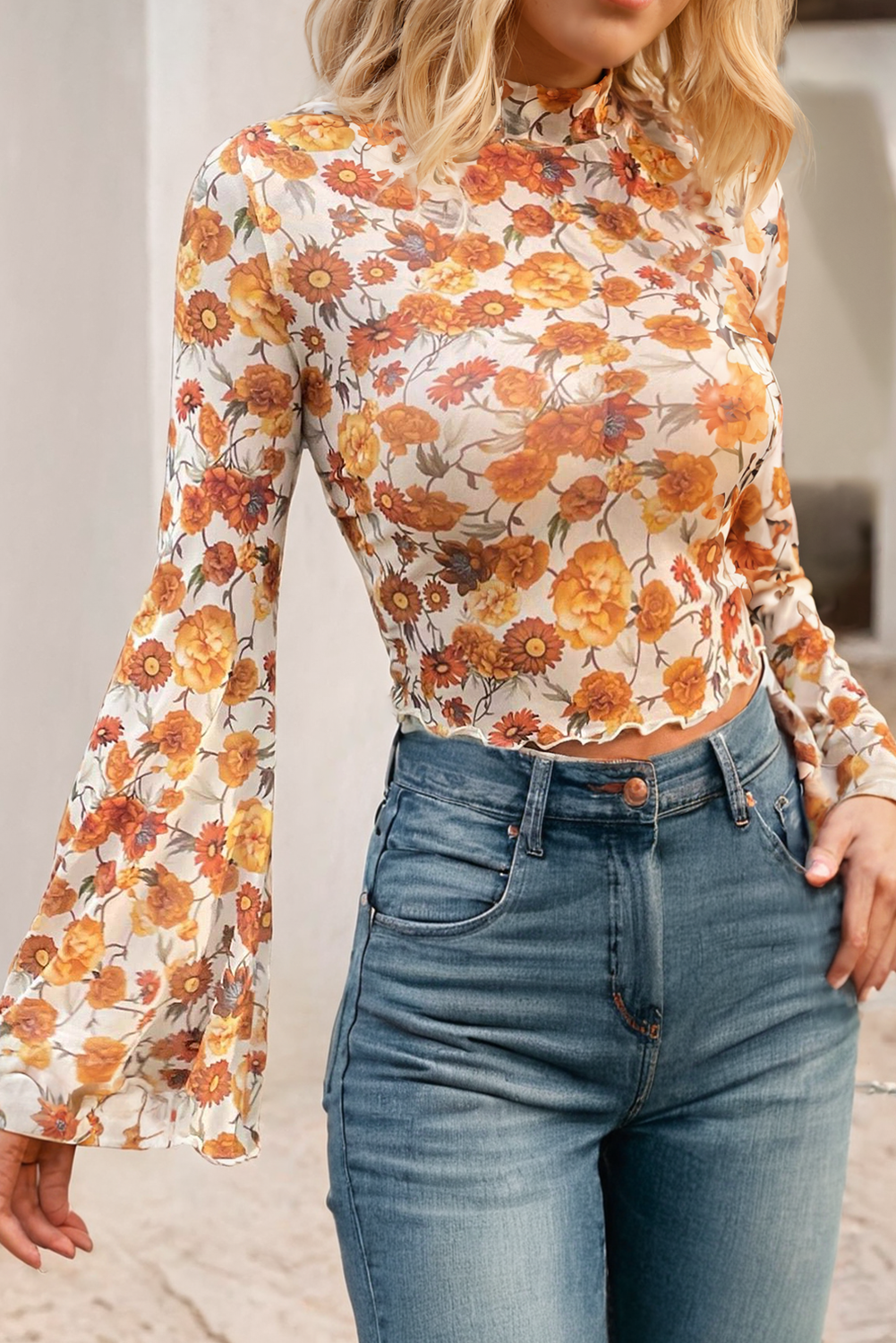 LDC Floral Printed Bell Sleeve Mock Neck Scallop Trim Blouse - My Store