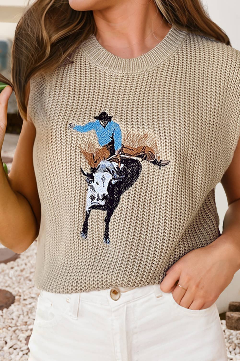 LDC Western Cowboy Embroidery Round Neck Sleeveless Sweater - My Store