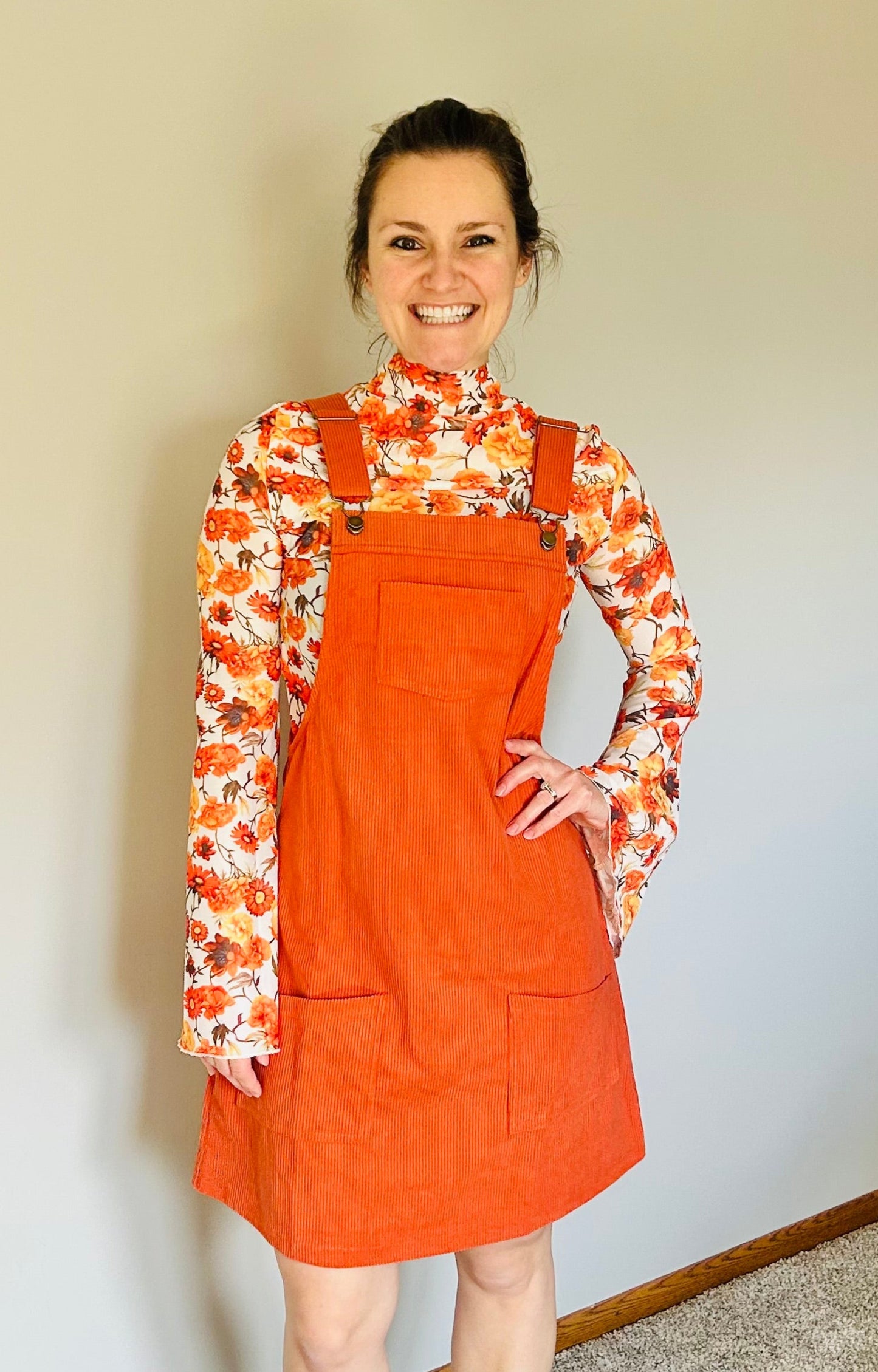 Orange Corduroy Overall Dress