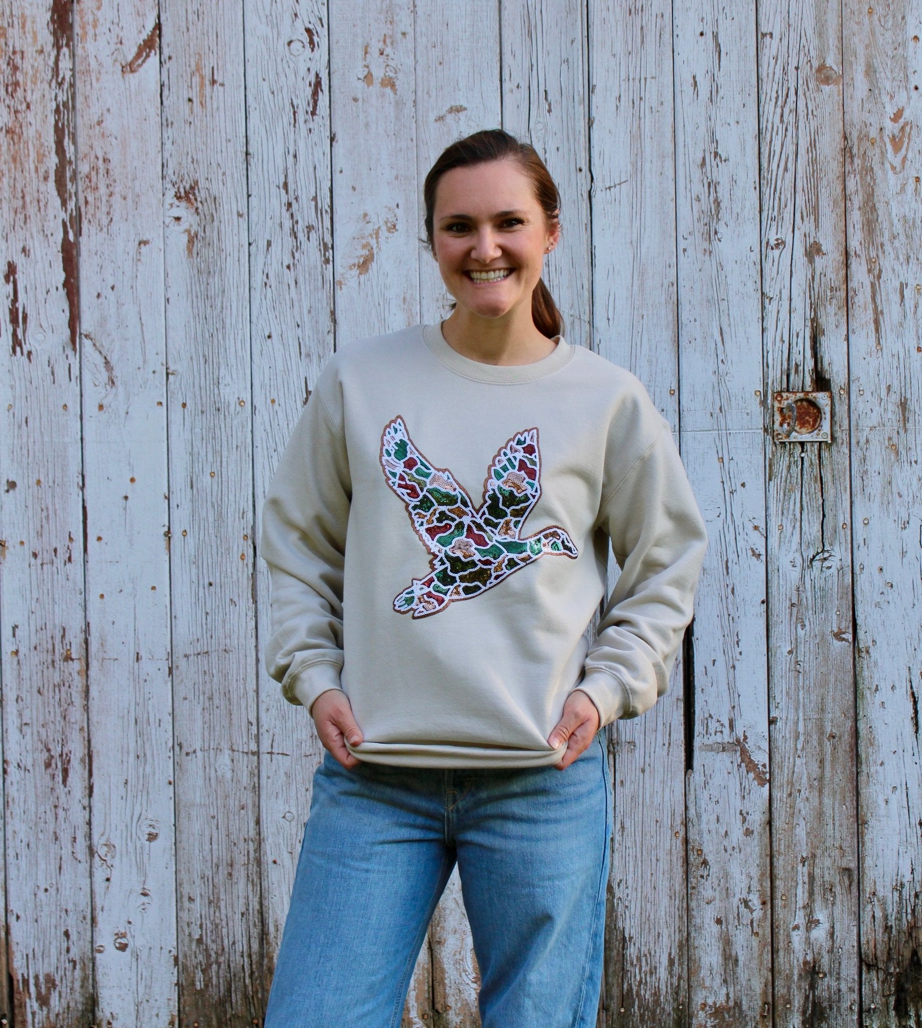 Camo Mallard Duck Hunting Sequins Patch Sweatshirt - Rugged Wrangler