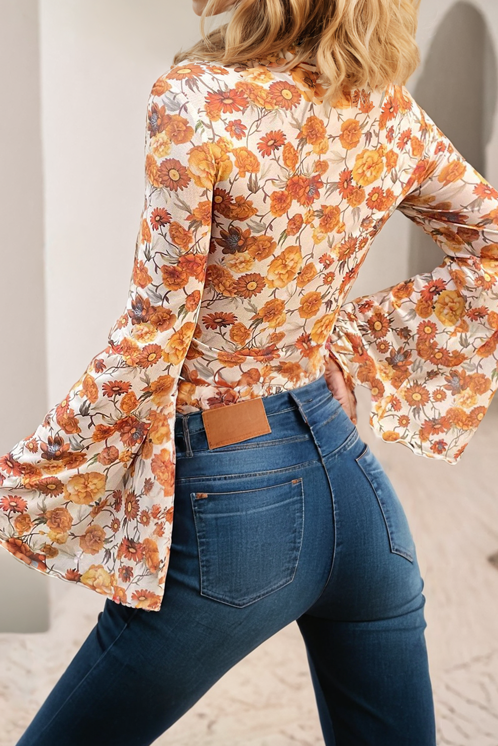 LDC Floral Printed Bell Sleeve Mock Neck Scallop Trim Blouse - My Store