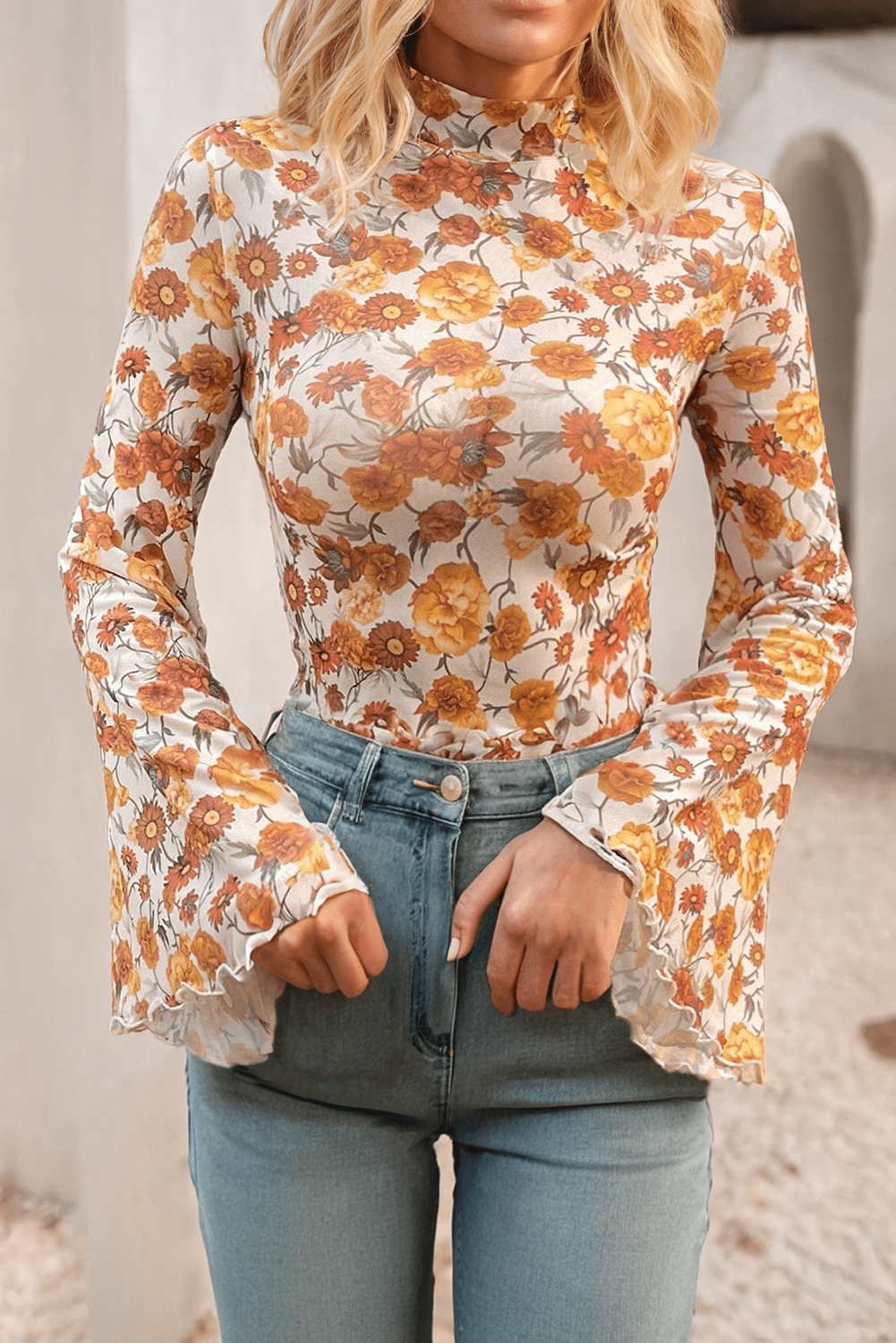 Floral Printed Bell Sleeve Blouse - My Store