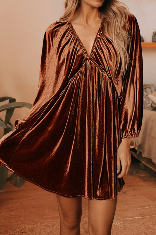 LDC Elastic V Neck Puff Sleeve Short Velvet Dress - Rugged Wrangler