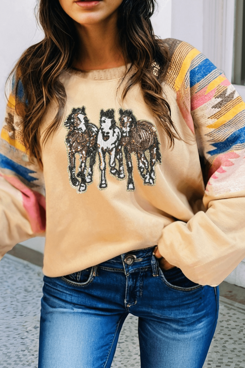 Three Horses Graphic Aztec Sweatshirt - Rugged Wrangler