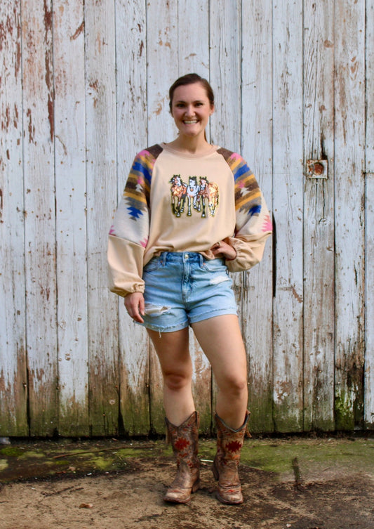 Three Horses Graphic Aztec Sweatshirt - Rugged Wrangler